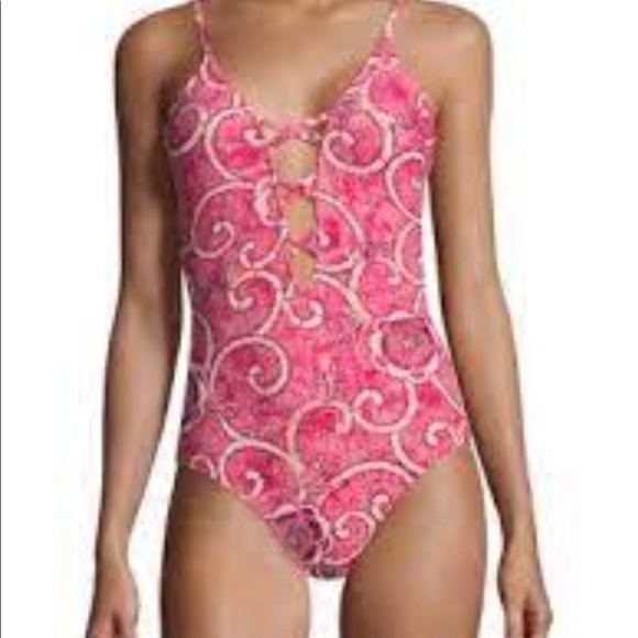 Fuzzi Swim Printed Pink Lima Red White Cutout One Piece Bathing Suit 42 - Picture 1 of 8